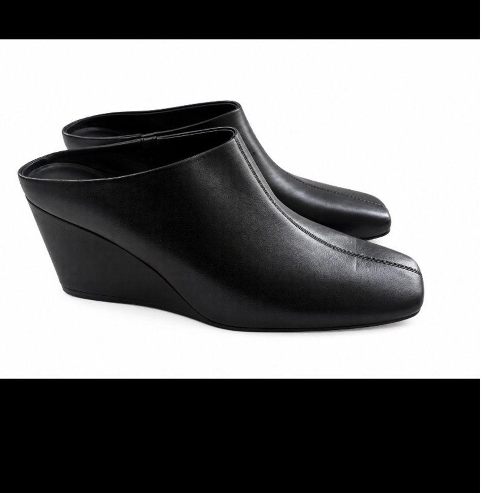 Vince‎ Womens Black Leather Square Toe Wedge Mules Slip On Shoes Size 9.5 M